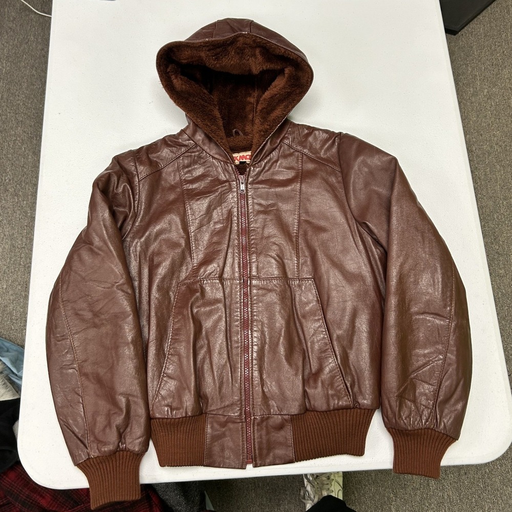 Foxmoor Leather Bomber Jacket Womens 9-10 Brown Faux Fur Lined Hooded Vintage